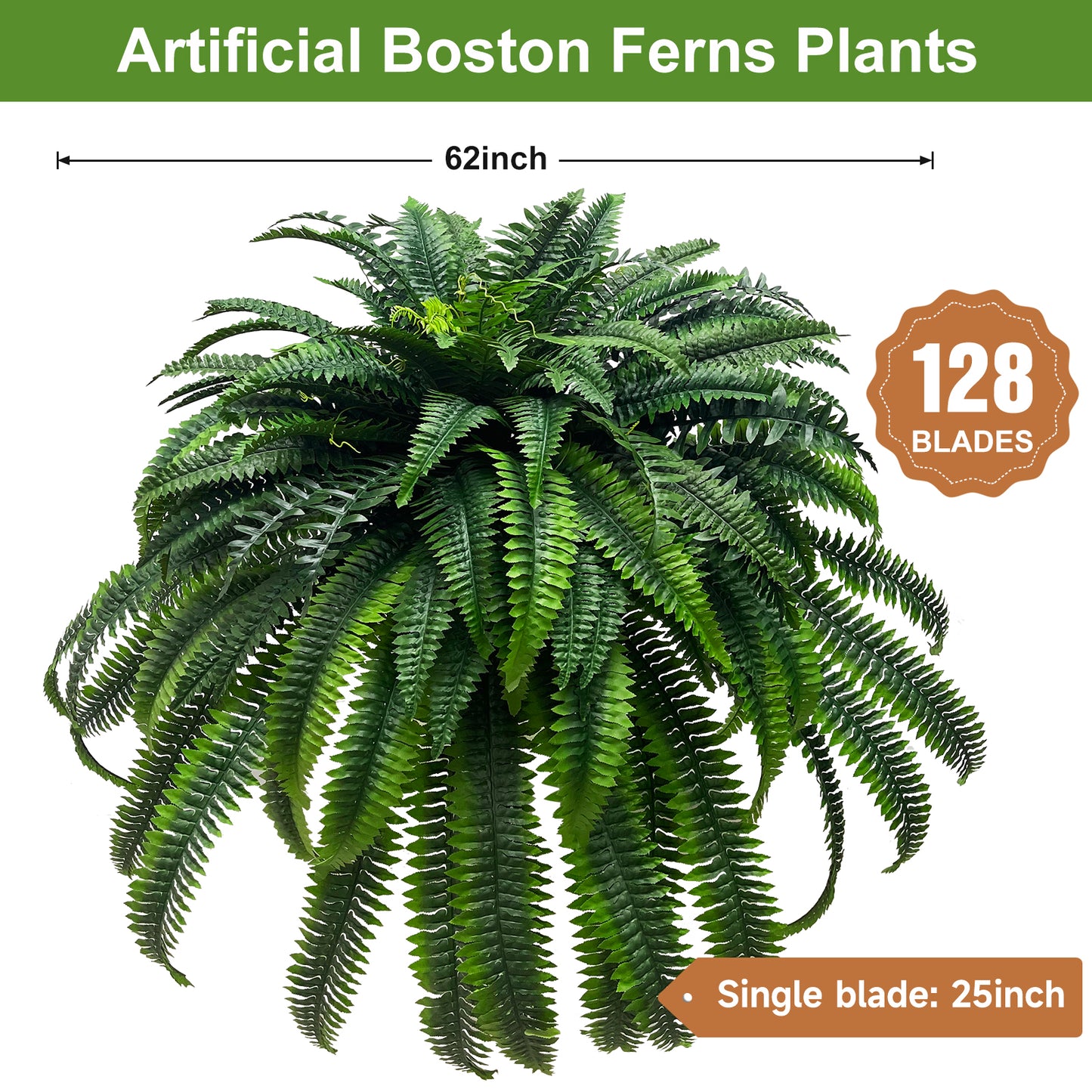BANNINEO 128 Stems Artificial Boston Fern Plants,62”Faux Boston Fern,Artificial Plastic Plants Shrubs for Garden Front Porch Window Box Indoor Outdoor Decoration