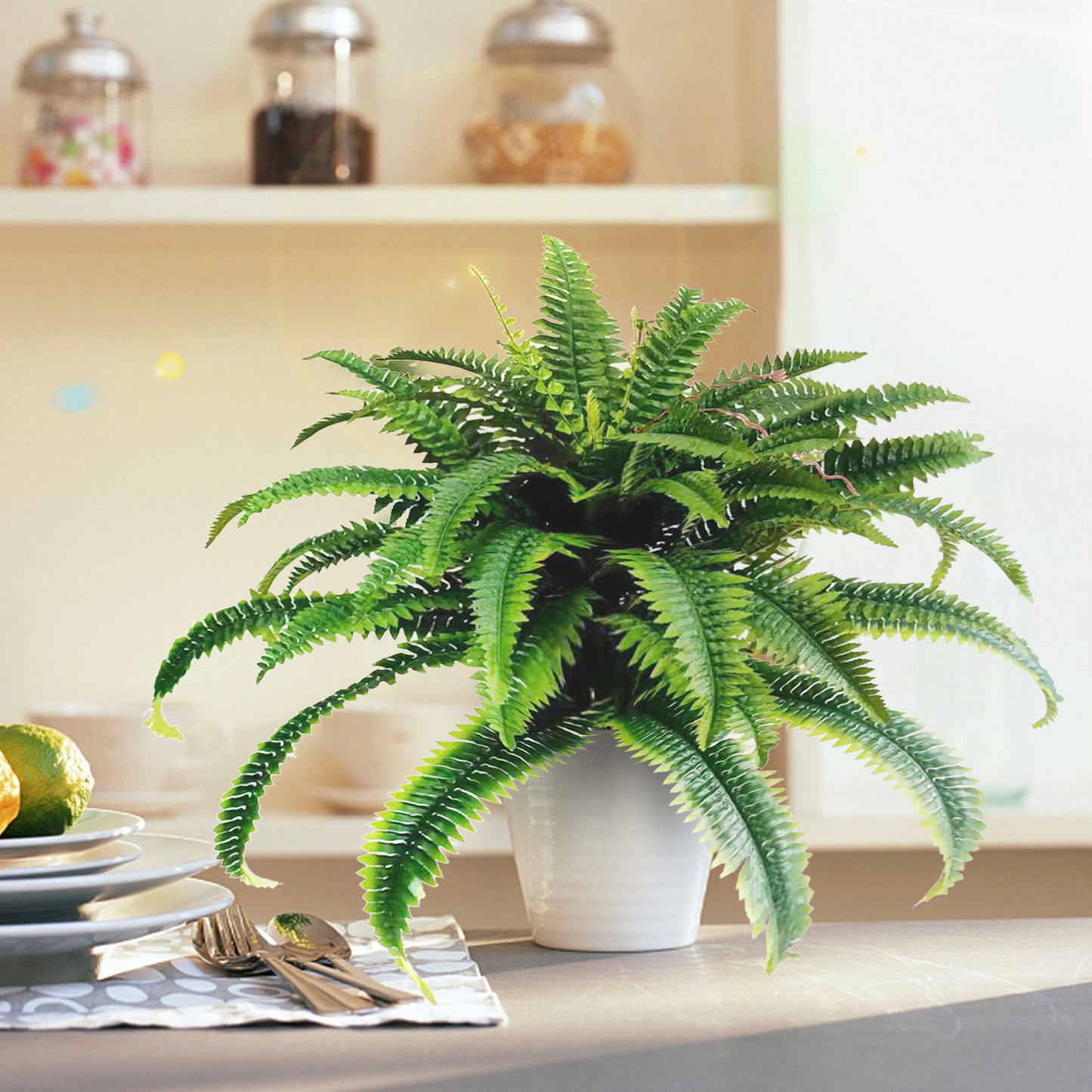 BANNINEO Artificial Boston Fern Bush, 48 inch DiameterSingle, 25 Inch Long Fake Greenery, Suitable for Decorating Office, Living Room, Bedroom Fake Ferns,50 Pieces of Branches