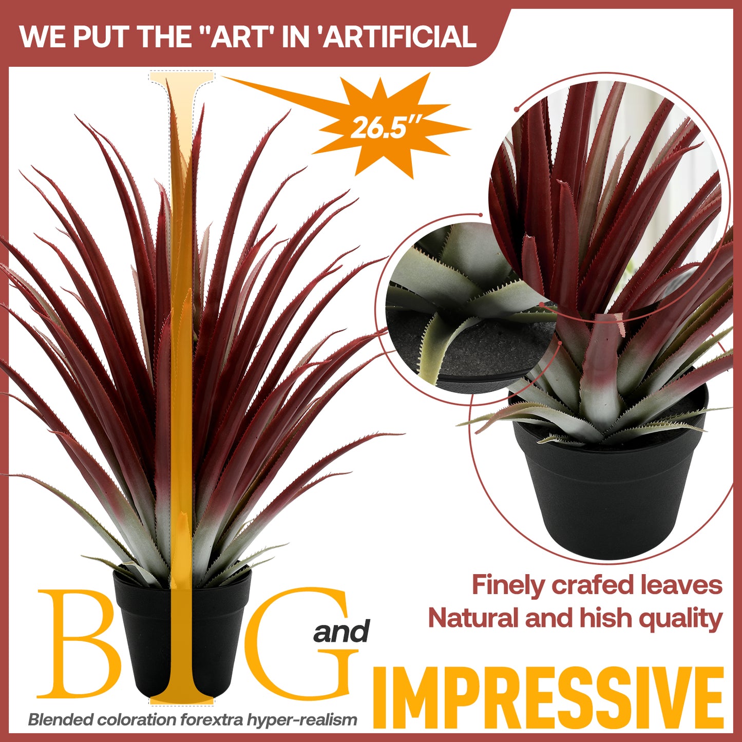 BANNINEO Succulents Plants Artificial Aloe Plant，26”Faux Agave Plant with Black Pot，Faux Succulents Fake Plant for Home Office Garden Yard Indoor Outdoor Decor