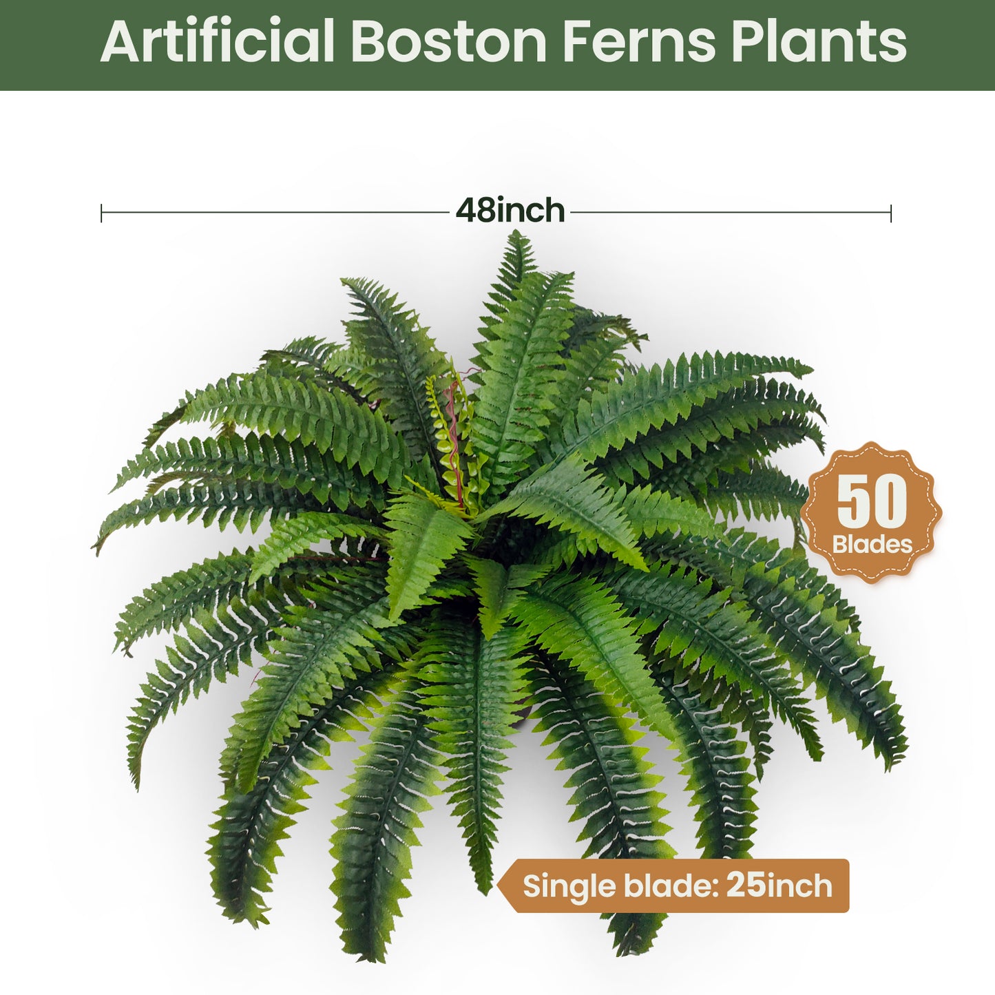 BANNINEO Artificial Boston Fern Bush, 48 inch DiameterSingle, 25 Inch Long Fake Greenery, Suitable for Decorating Office, Living Room, Bedroom Fake Ferns,50 Pieces of Branches